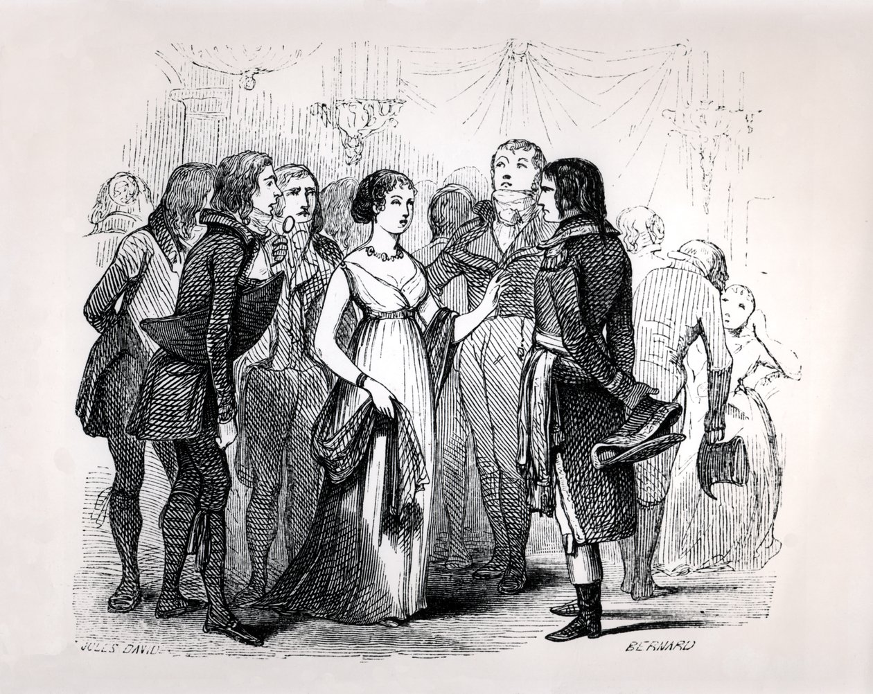 مدام دي ستال (1766-1817) تستجوب نابليون بونابرت (1769-1821) حول أفضل النساء ، من "نابليون" من إميل ماركو دي سانت هيلير ، نقشته برنارد ، باريس ، 1843 بواسطة جول ديفيد