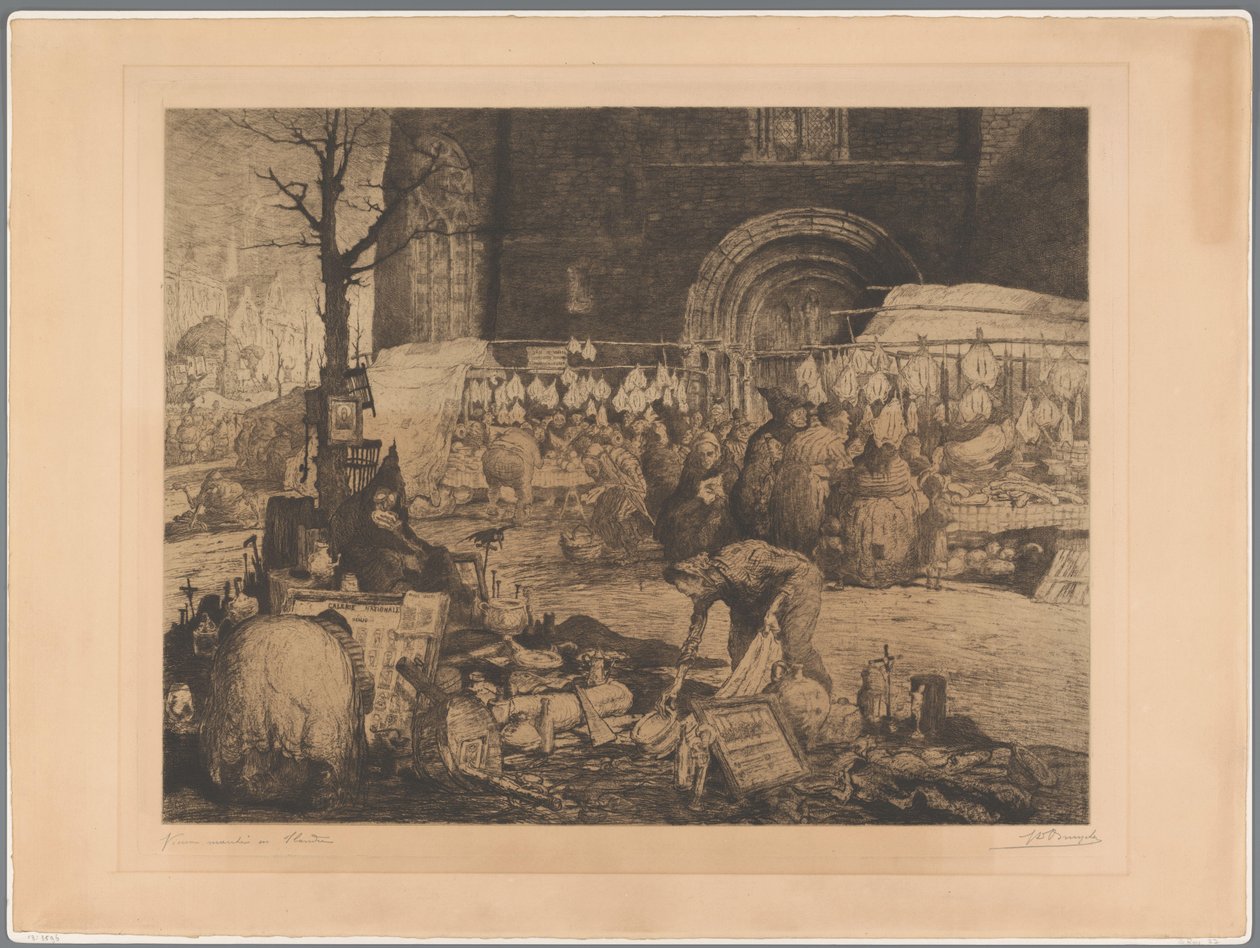 منظر لسوق في فلاندرز Vieux marché en Flandre (العنوان على الكائن) بواسطة جول دي برويكر (توقيع الفنان)