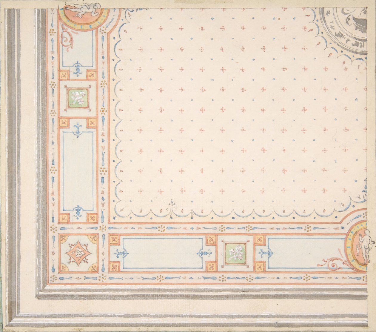 تصميم لوجه سقف ، قياسات مع ظهر رمز التصميم ، النصف الثاني من القرن التاسع عشر. التأليف: Jules-Edmond-Charles Lachaise ، Eugène-Pierre Gourdet. بواسطة جول إدموند تشارلز لاشيز ويوجين بيير جورديه