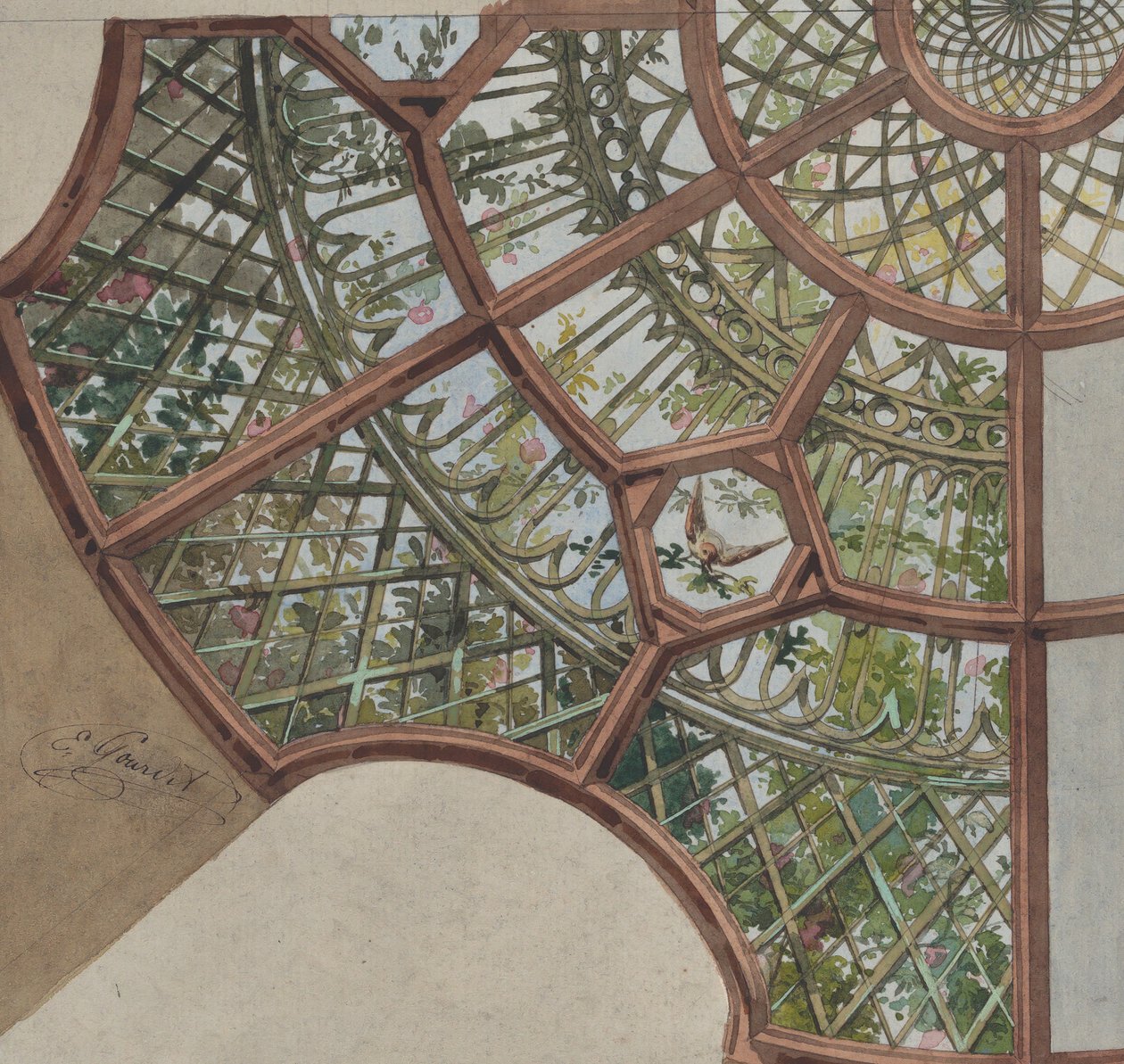 تصميم لسقف مع عمل شبكي وكروم مزهرة ، النصف الثاني من القرن التاسع عشر. التأليف: Jules-Edmond-Charles Lachaise ، Eugène-Pierre Gourdet. بواسطة جول إدموند تشارلز لاشيز ويوجين بيير جورديه