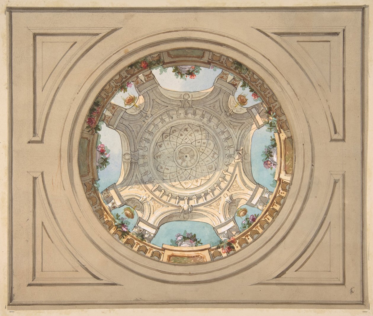 تصميم لسقف مع درابزين trompe l'oeil ، النصف الثاني من القرن التاسع عشر. التأليف: Jules-Edmond-Charles Lachaise ، Eugène-Pierre Gourdet. بواسطة جول إدموند تشارلز لاشيز ويوجين بيير جورديه