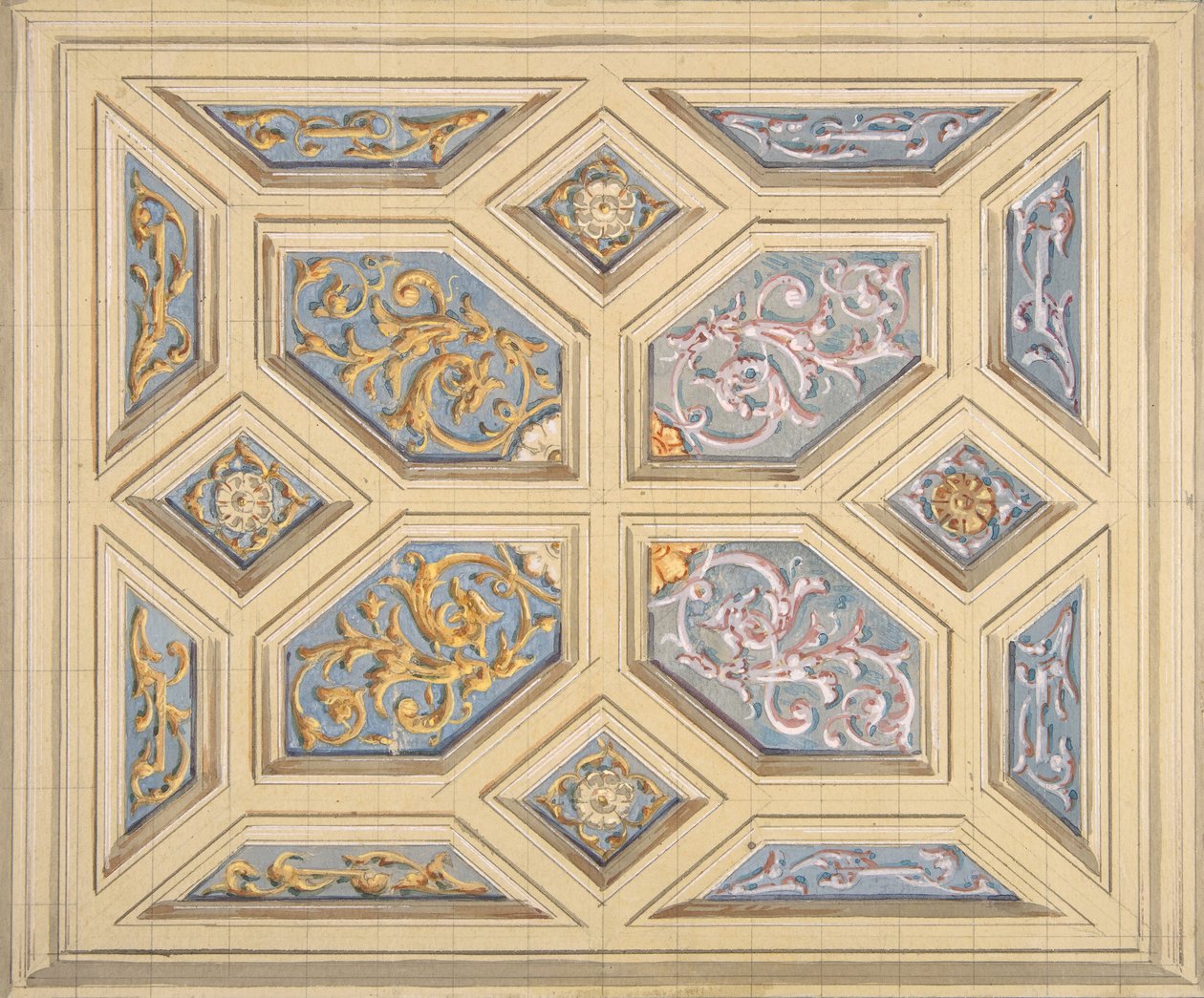 تصميم لسقف مزود بغطاء مزخرف بأعمال التمرير ، 1840-97. التأليف: Jules-Edmond-Charles Lachaise ، Eugène-Pierre Gourdet. بواسطة جول إدموند تشارلز لاشيز ويوجين بيير جورديه