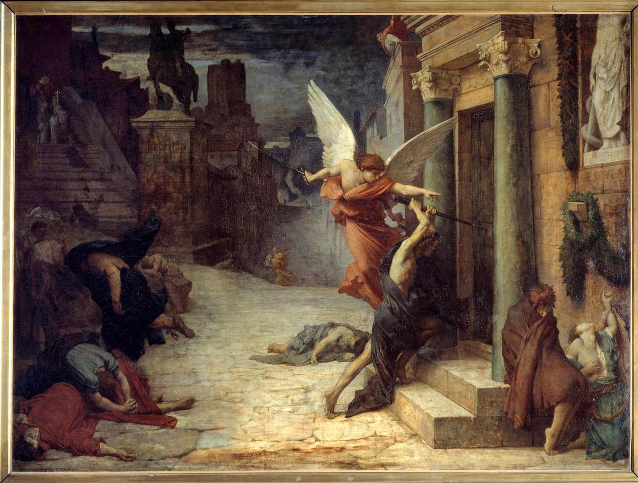 الطاعون في روما تمثيل رمزي للزهرة تكسر الأبواب. لوحة لجول إيلي ديلوناي (1828-1891) 1869. Dim. 1.31 × 1.76 م باريس ، متحف دورسيه - الطاعون في روما. تمثيل استعاري لانهيار البلاء بواسطة جول إيلي ديلوناي