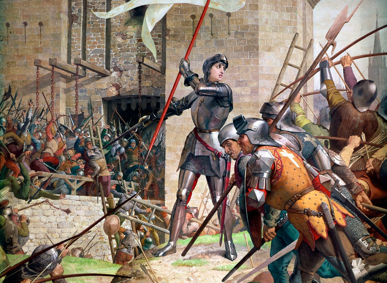 حرب المائة عام: جان دارك ترتدي درعًا قبل أورليانز. تفاصيل لوحة جول يوجين لينبفيو (1819 - 1898) بواسطة جول يوجين لينيبفو