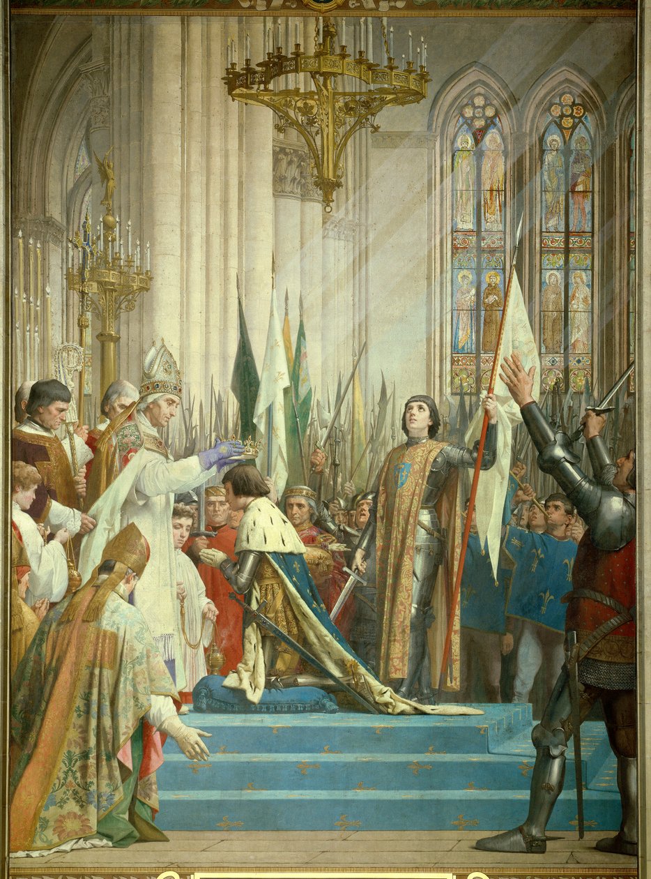 استلم الملك تشارلز السابع (1403-1461) التاج في كاتدرائية ريمس في 17/07/1429 بحضور جوان دارك (1412-1431) لوحة لجول يوجين لينبفيو (1819 - 1898). بانثيون ، باريس. بواسطة جول يوجين لينيبفو