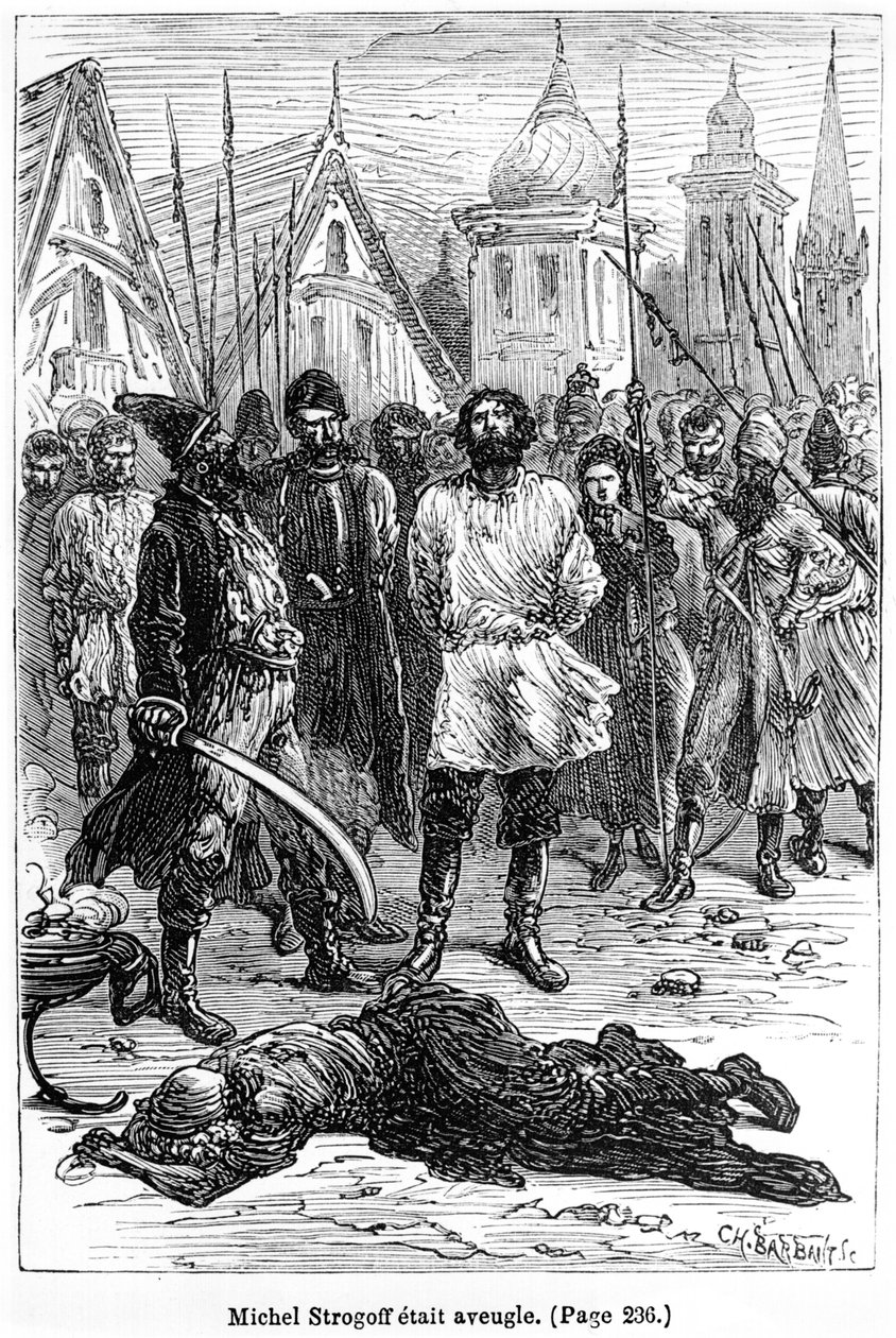 كان مايكل ستروغوف أعمى ، رسم توضيحي من "ميشيل ستروغوف" لجول فيرن (1828-1905) منقوش من قبل تشارلز باربانت (ت 1922) باريس ، هيتزل بواسطة جول فرات