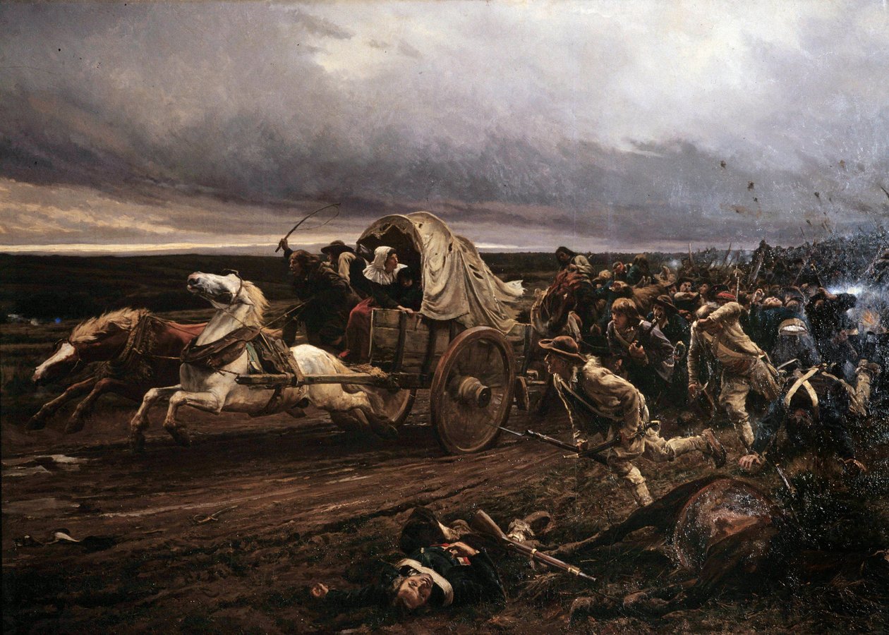 انسحاب تمرد شوليت المسلح في فيندي في مارس 1793 ، والذي تم توبيخه في أكتوبر من قبل الاتفاقية والجيوش الجمهورية ، تراجع "البيض" نحو نهر اللوار. لوحة لجول جيرارديت (1856-1938) بواسطة جول جيرارديت