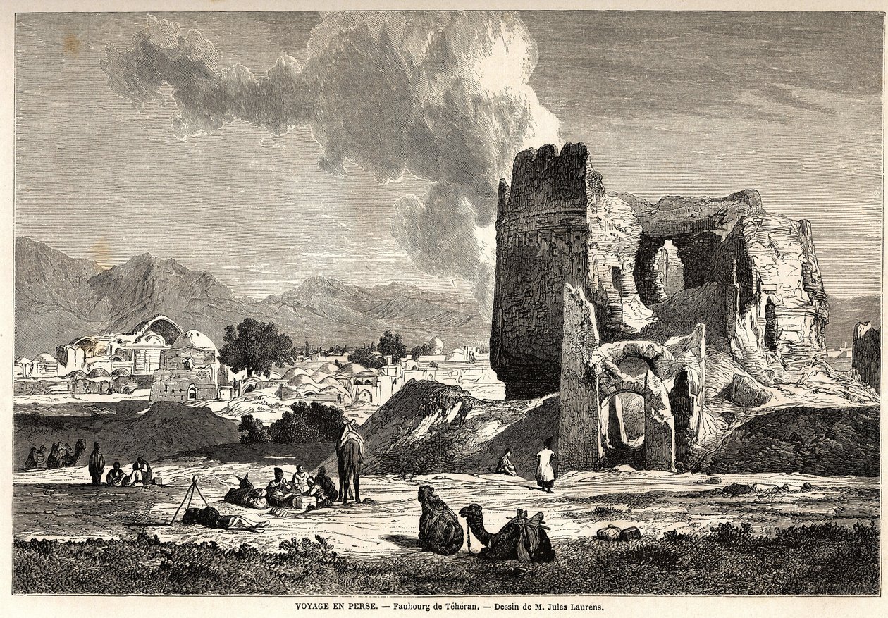 ضواحي طهران (إيران الحالية). رسم لجول لورينز (1825-1901) لتوضيح رحلة آرثر غوبينو إلى بلاد فارس من 1855 إلى 1858. نقش في "" Le tour du monde، nouveau journal des voyages "" باريس بواسطة جول جوزيف أوغسطين لورينز