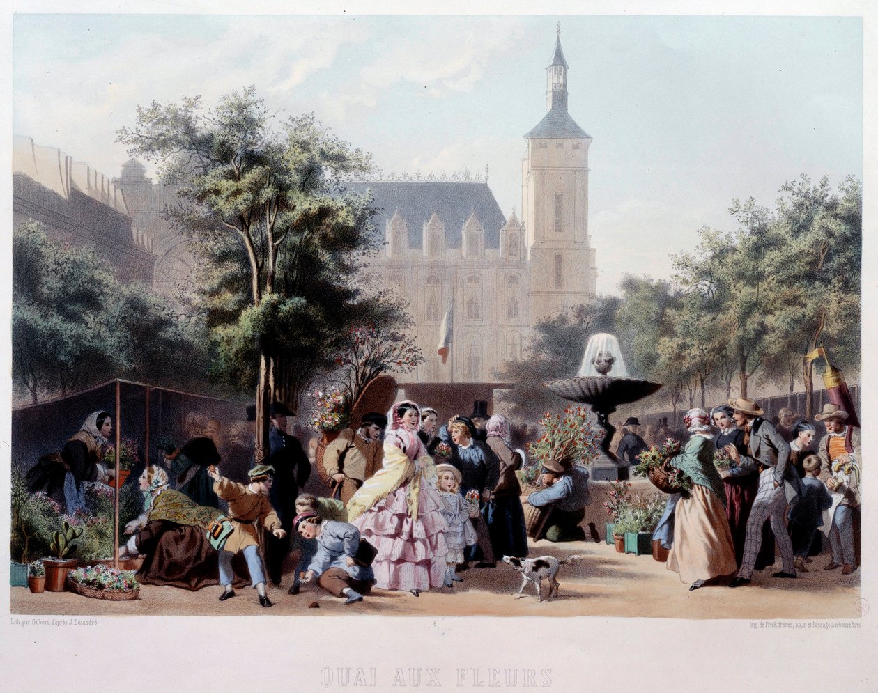 منظر من Quai aux Fleurs في باريس. المشي على Ile de la Cite. الطباعة الحجرية لجول ماري ديساندر (1845-؟) في القرن التاسع عشر في باريس ، متحف كارنافالي بواسطة جول ماري ديزاندري