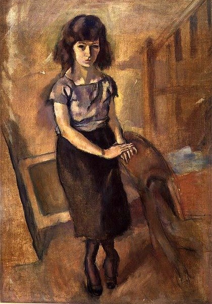 شابة واقفة حوالي عام 1920 (زيت على قماش) بواسطة جول باسين