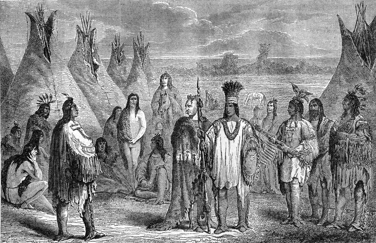مجموعة من هنود ديلاويرس في معسكرهم في تايبي. نقش منسوب إلى جانيت لانج ، حوالي عام 1870. رسم توضيحي لطبعة هاشيت لعام 1888 من كتاب "آخر موهيكانز" ، بعد فينيمور كوبر. بواسطة جول بلكوك