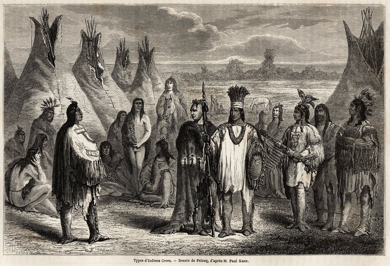 أنواع هنود كريس في كندا ، رسم بواسطة بيلوك ، لتوضيح استكشاف جبال روكي في 1857-59 بواسطة النقيب جون باليسر. نقش في "" Le Tour du monde، nouveau journal des voyages "" باريس بواسطة جول بلكوك