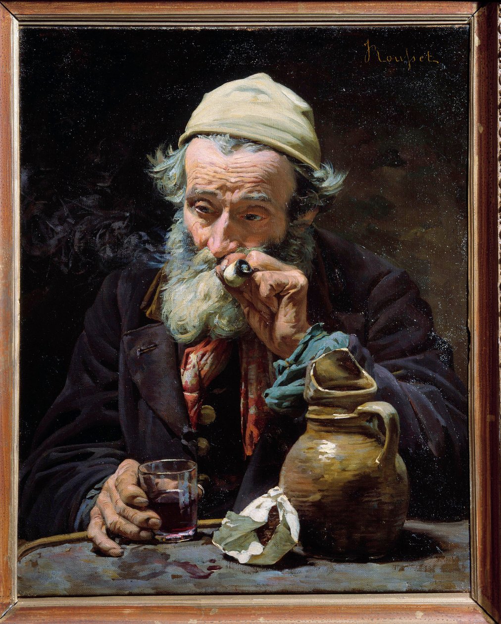 الشارب رجل عجوز يدخن الغليون ويشرب كأسا من النبيذ. لوحة لجول روسيت (1840-؟) القرن التاسع عشر في أورليانز ، متحف الفنون الجميلة بواسطة جول روسيت