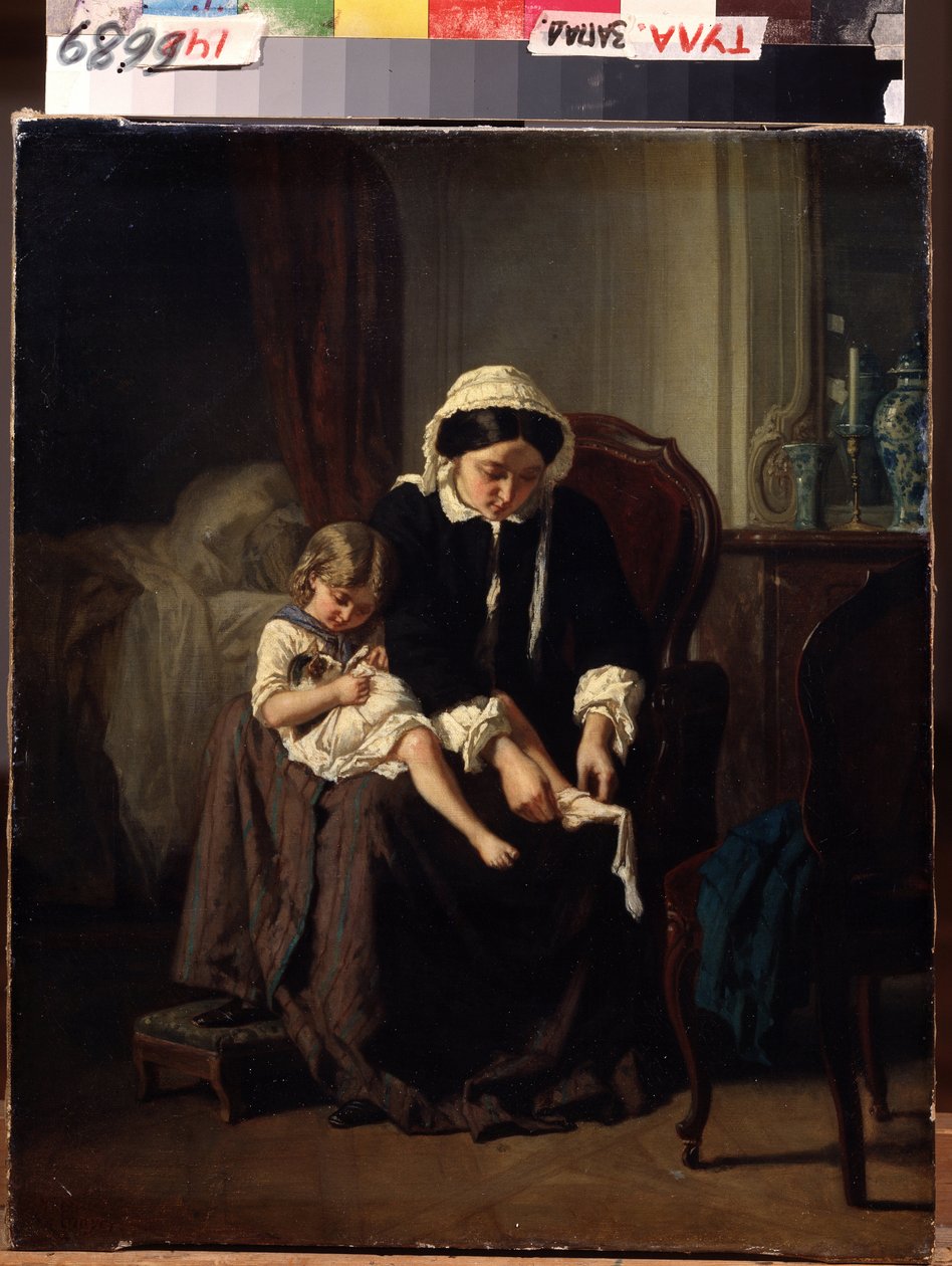 مرحاض الصباح (مرحاض الصباح). الأم (أو الخادمة؟) تساعد الطفل على لبسه. لوحة لجول تراير (1824-1908). زيت على قماش ، ٤٧ × ٣٩ سم بواسطة جول تريير
