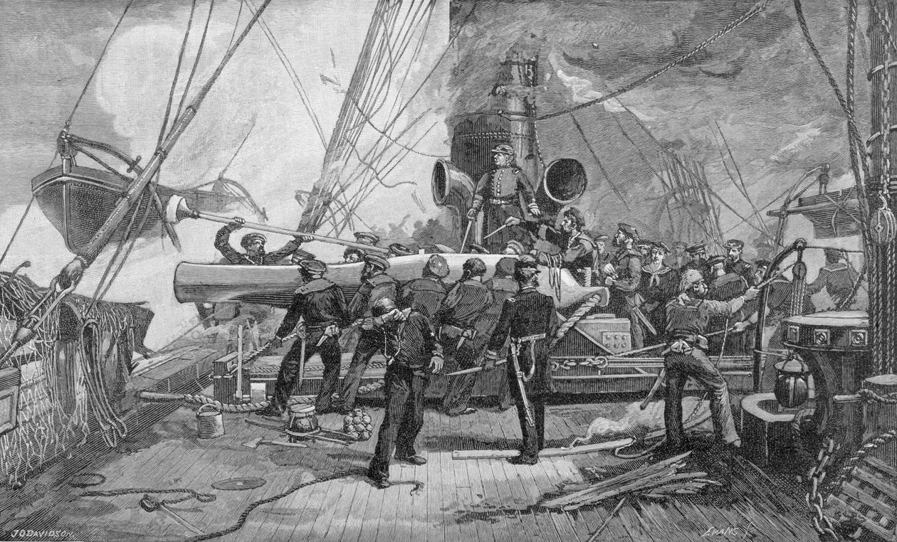 المسدس المحوري أحد عشر بوصة على "Kearsarge" في العمل ، نقش بواسطة جون ويليام إيفانز (م 1855) ، التوضيح من "المعارك وقادة الحرب الأهلية" ، حرره روبرت أندروود جونسون بواسطة جوليان أوليفر ديفيدسون