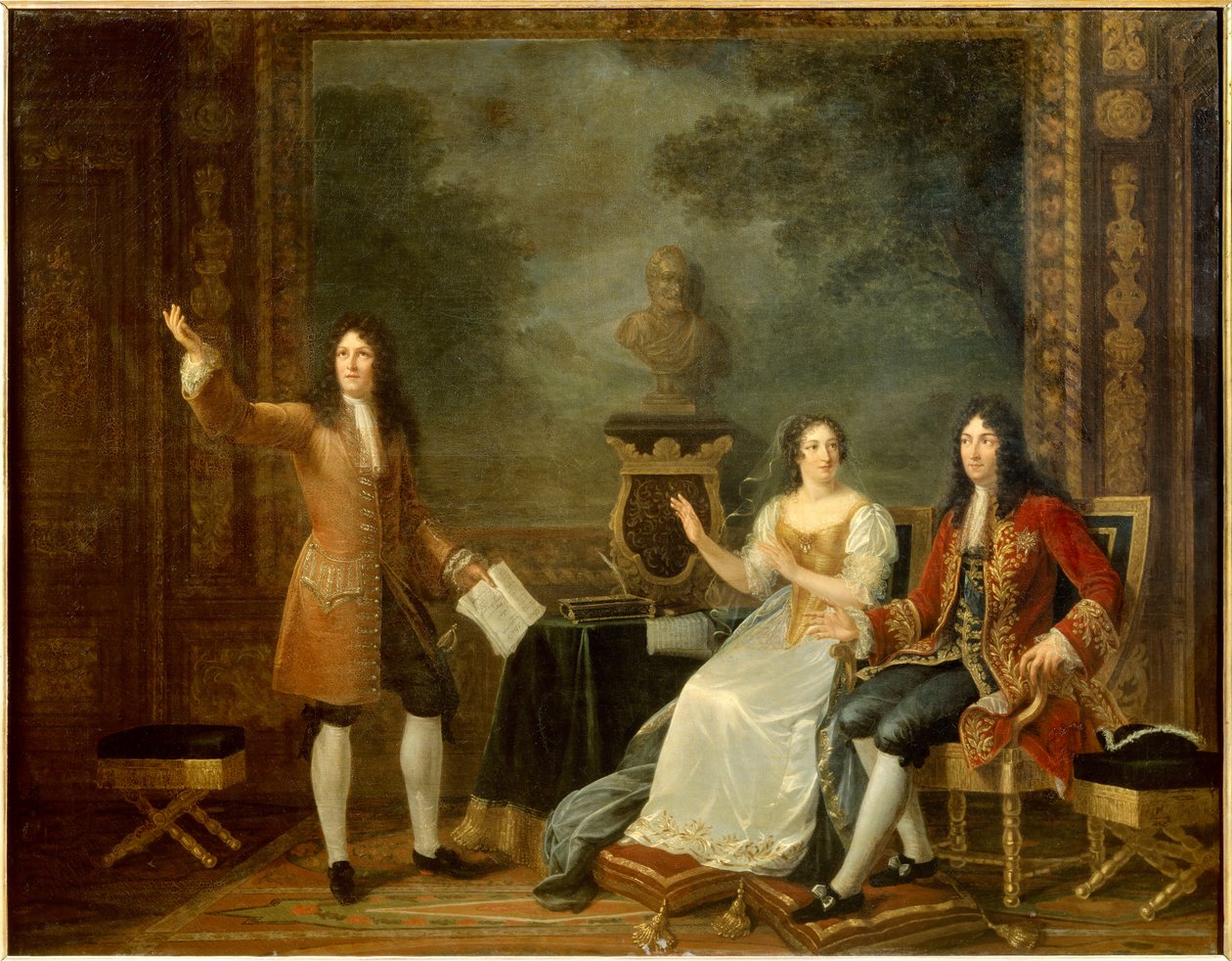 جان راسين (1639-1699) يقرأ "" أثالي "قبل لويس الرابع عشر (1638-1715) وفرانسواز ديوبيني ، ماركيز (مدام) من مينتينون (1635-1719). لوحة جولي فيليبولت (1780-1834) بواسطة جولي فيليبولت