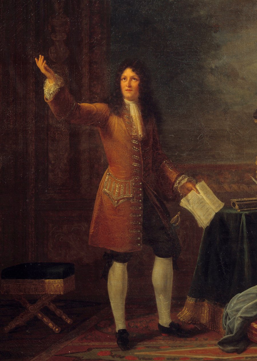 جان راسين (1639-1699) يقرأ مسرحيته أمام ملك فرنسا. تفاصيل اللوحة "" جان راسين (1639-1699) التي تقرأ "" أثالي "" قبل لويس الرابع عشر (1638-1715) وفرانسواز ديوبيني ، ماركيز (مدام) دي مينتينون (1635-1719) ". اللوحة بواسطة J بواسطة جولي فيليبولت