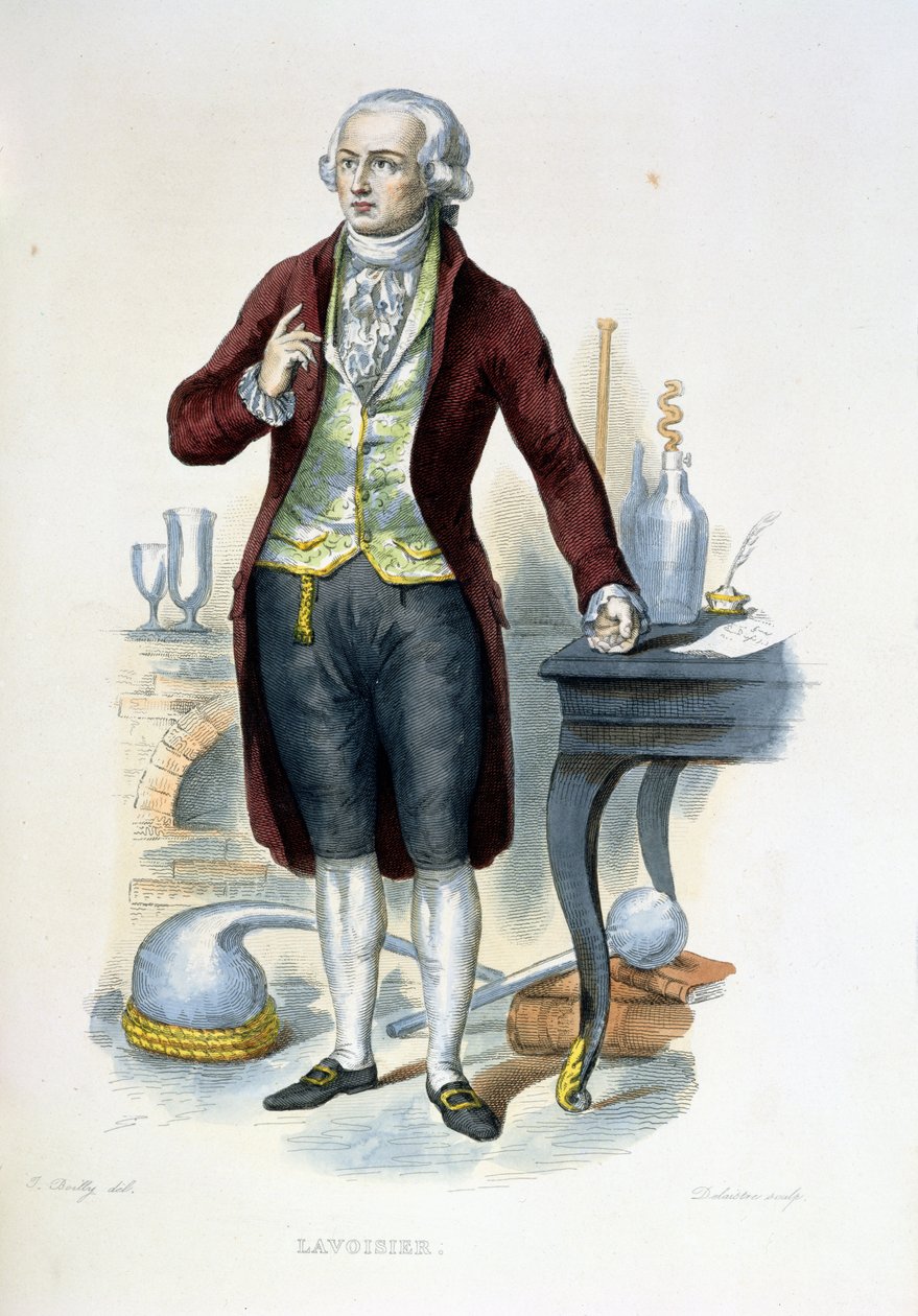 أنطوان لوران دي لافوازييه (1743-1794) رسم توضيحي من "لو بلوتاركيه فرانسيس" للمؤلف إي مينشيه ، محفور بواسطة ديليستر ، 1835 بواسطة جوليان ليوبولد بويلي