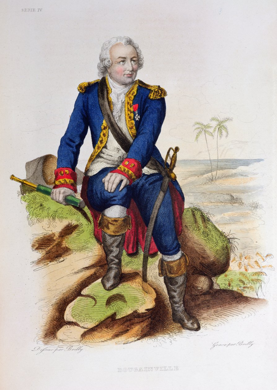 لويس أنطوان دي بوغانفيل (1729-1811) جالسًا على صخرة ، رسم توضيحي من "Le Plutarque Francais" لإدوارد مينشيت ، باريس ، 1835 (نقش الألوان) بواسطة جوليان ليوبولد بويلي