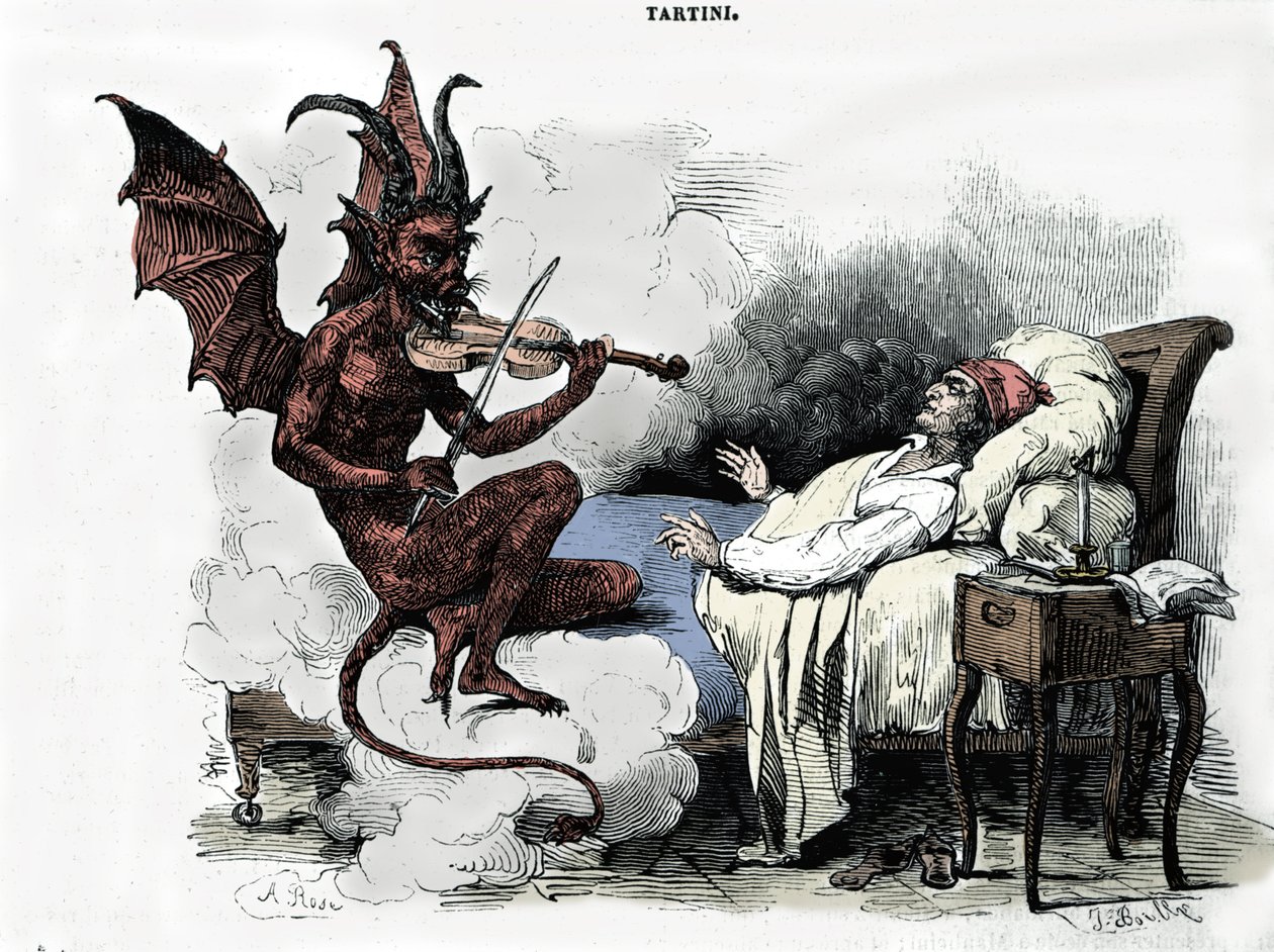 حلم الملحن جوزيبي تارتيني (1692-1770): في كتابه "Sonata des trilles du Diable" (سوناتا للكمان في G الصغرى) ، يحلم الملحن أن يبرم ميثاقًا مع الشيطان مقابل ثمن روحه. مع كمانه ويعزف الشيطان بواسطة جوليان ليوبولد بويلي