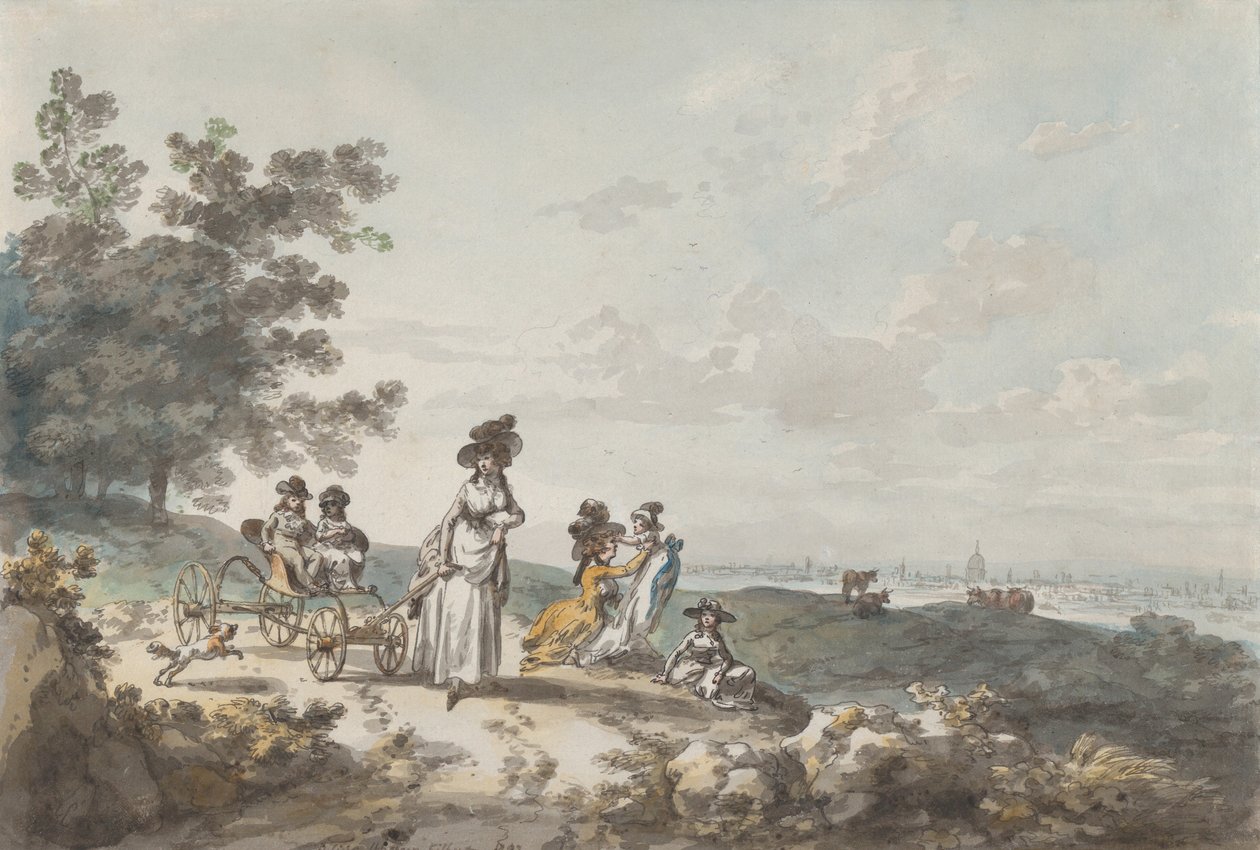 عرض لندن مع سانت بول في المسافة: امرأة وأطفال مع عربة أطفال ، 1787 (قلم وحبر ومرحاض) بواسطة يوليوس قيصر إبيتسون