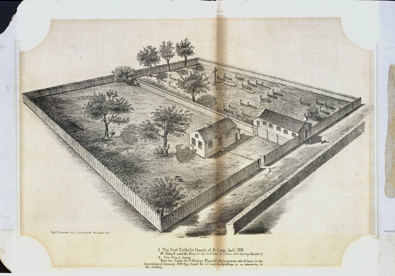 بنيت أول كنيسة كاثوليكية في سانت لويس عام 1770. قال السيد جيبوت القداس لأول مرة في 24 يونيو بعد أن باركها بواسطة شركة يوليوس حوتاوة