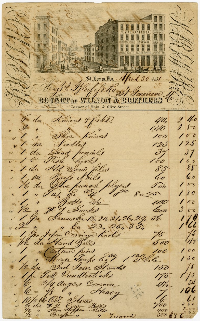 Letterhead عبارة عن نقش لمشهد وسط مدينة سانت لويس في مين وأوليف. كان ويلسون وإخوانه مستوردين وتجارًا للأجهزة الأجنبية والمحلية في جميع فروعها بواسطة شركة يوليوس حوتاوة