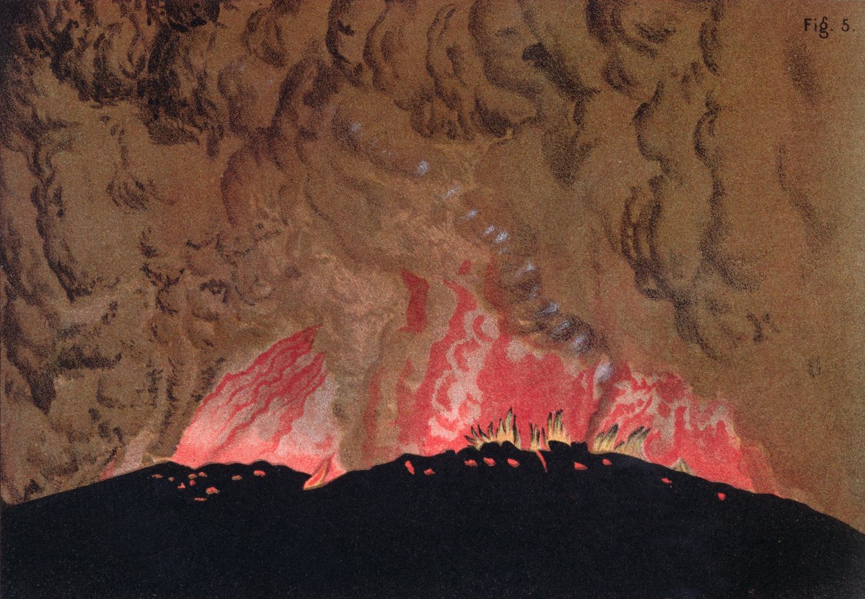تتدفق الحمم Aphroessa و Georgios أثناء ثوران بركان سانتوريني ، التوضيح من Etudes sur les Volcans للفنان ، محفور بواسطة Druck and Arnold ، 1881 بواسطة يوليوس أو جول شميدت