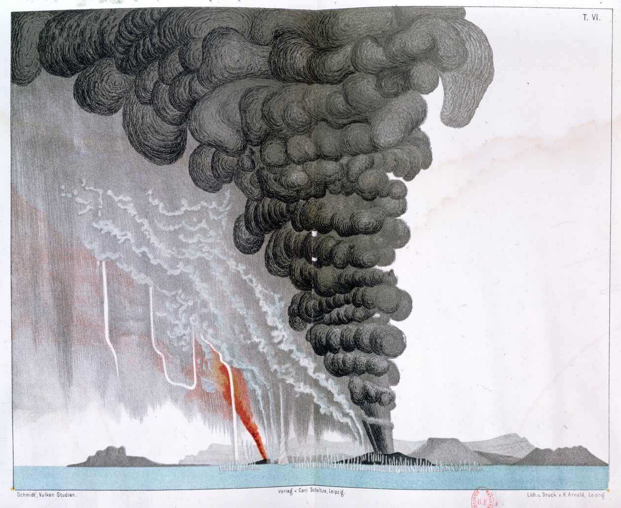 ثوران بركان سانتوريني ، التوضيح من `` Etudes sur les Volcans &39;&39; للفنان ، نقشه Druck and Arnold ، 1881 بواسطة 