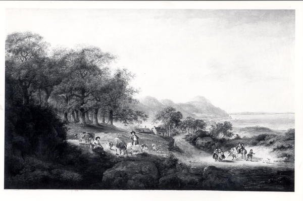 منظر بعيد لـ Anglesea (زيت على قماش) (طباعة بالأبيض والأسود) بواسطة يوليوس قيصر إبيتسون