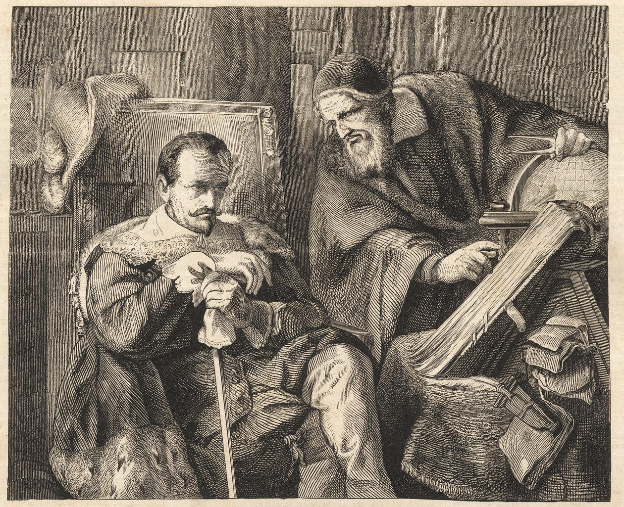 Albrecht von Wallenstein (Waldstein) (1583-1634) مع المنجم Giovanni Battista Seni (Seno، Zeno، Senno Zenno) (1600-1656) بعد لوحة جوليوس شريدر بواسطة جوليوس فريدريش أنطون (بعد) شريدر
