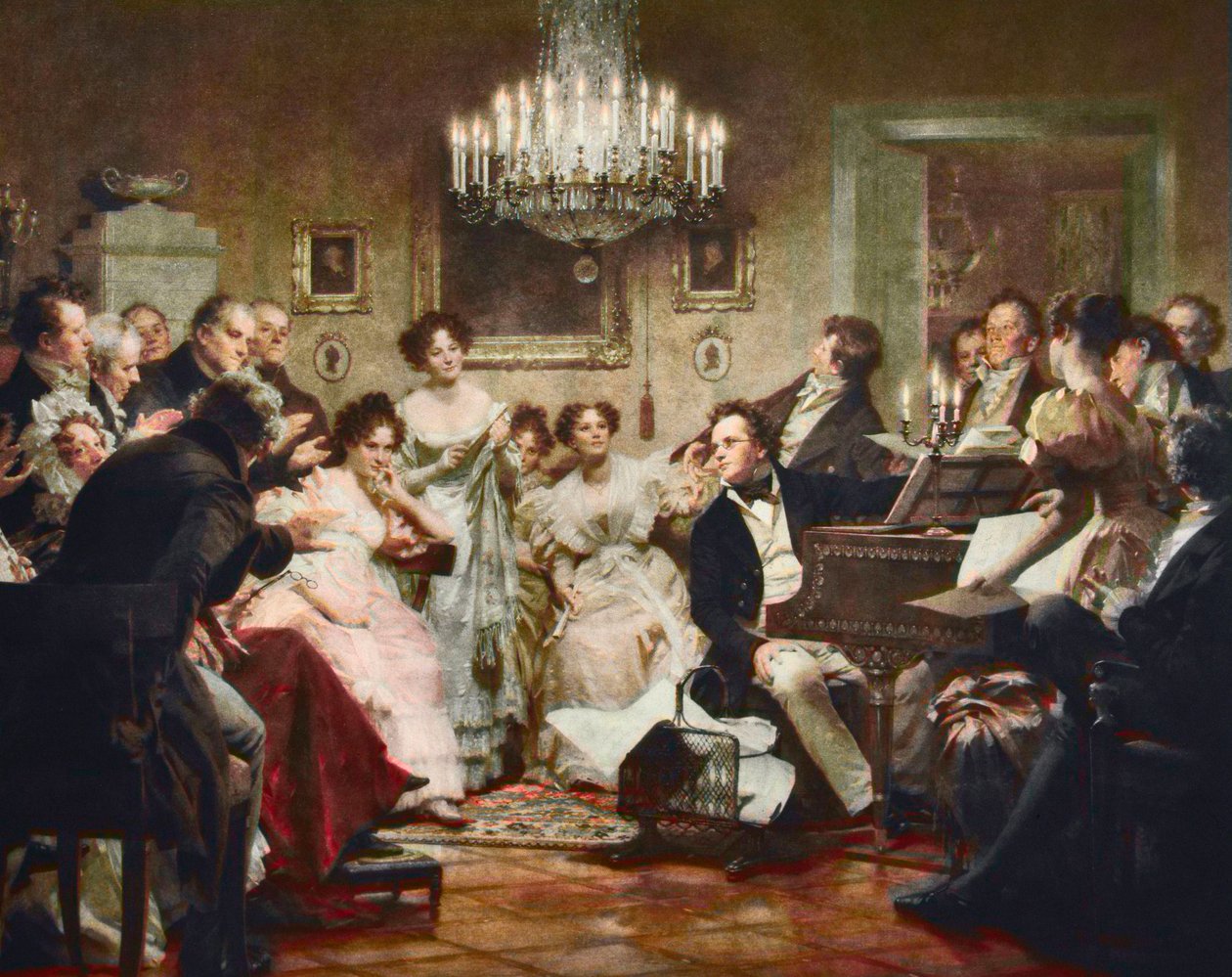 فرانز شوبرت (1797-1828) على البيانو أثناء أمسية شوبرت في صالون في فيينا - نقش بعد جوليوس شميد (1854-1935) بواسطة يوليوس شميد