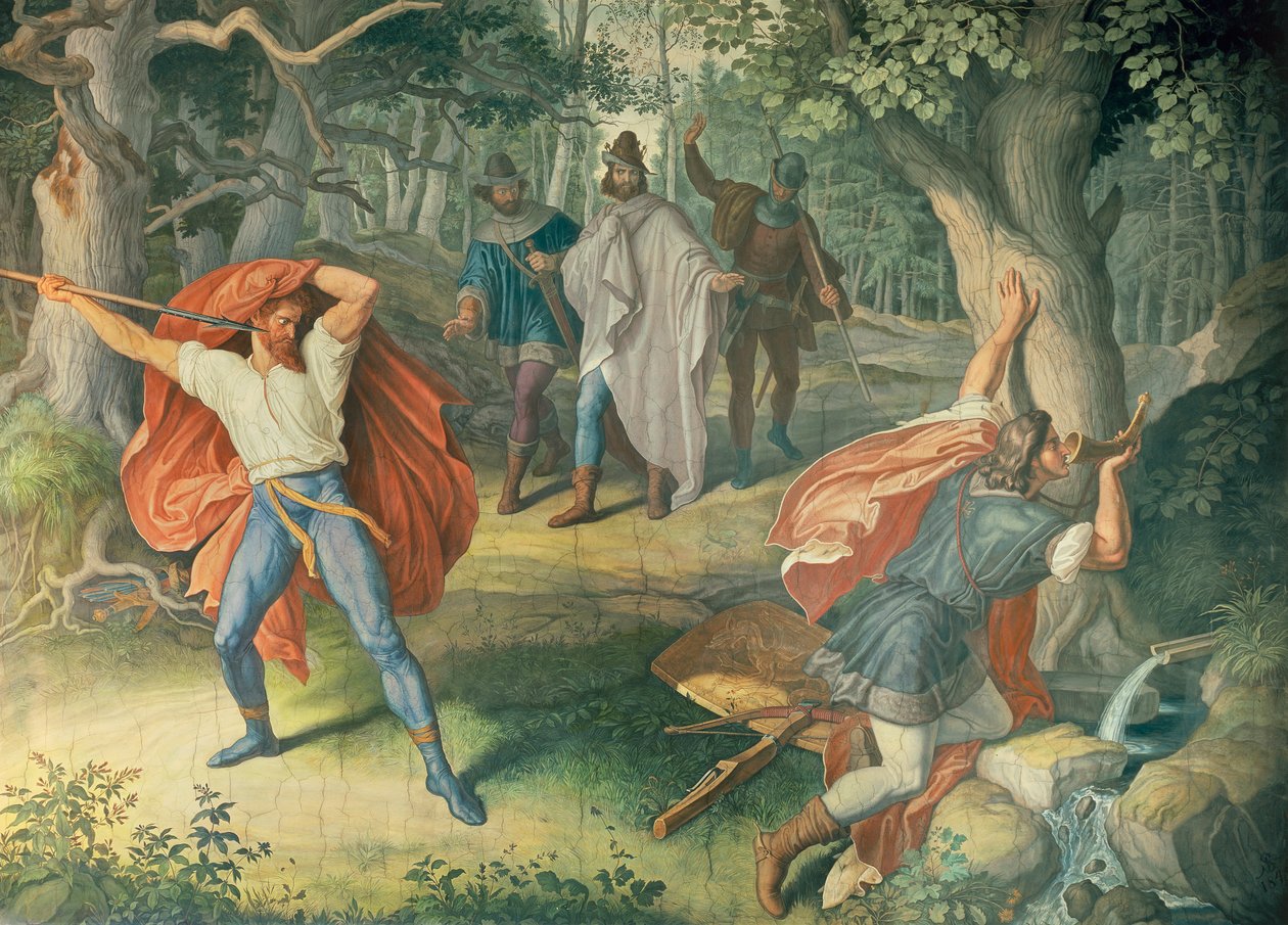 هاغن قتل سيغفريد في نافورة ، قاعة Nibelungens بواسطة يوليوس شنور فون كارولزفيلد