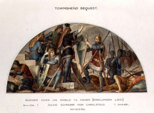 روديجر يعطي درعه إلى هاغن ، رسم توضيحي لـ "The Niebelungen" بقلم ريتشارد فاغنر (1813-1883) بواسطة يوليوس شنور فون كارولزفيلد