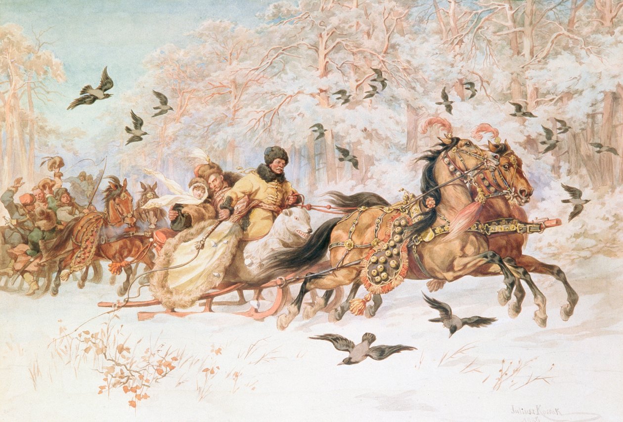 Olenka و Kmicic في Kulig ، ج .1887 بواسطة جوليوس فورتونات كوساك