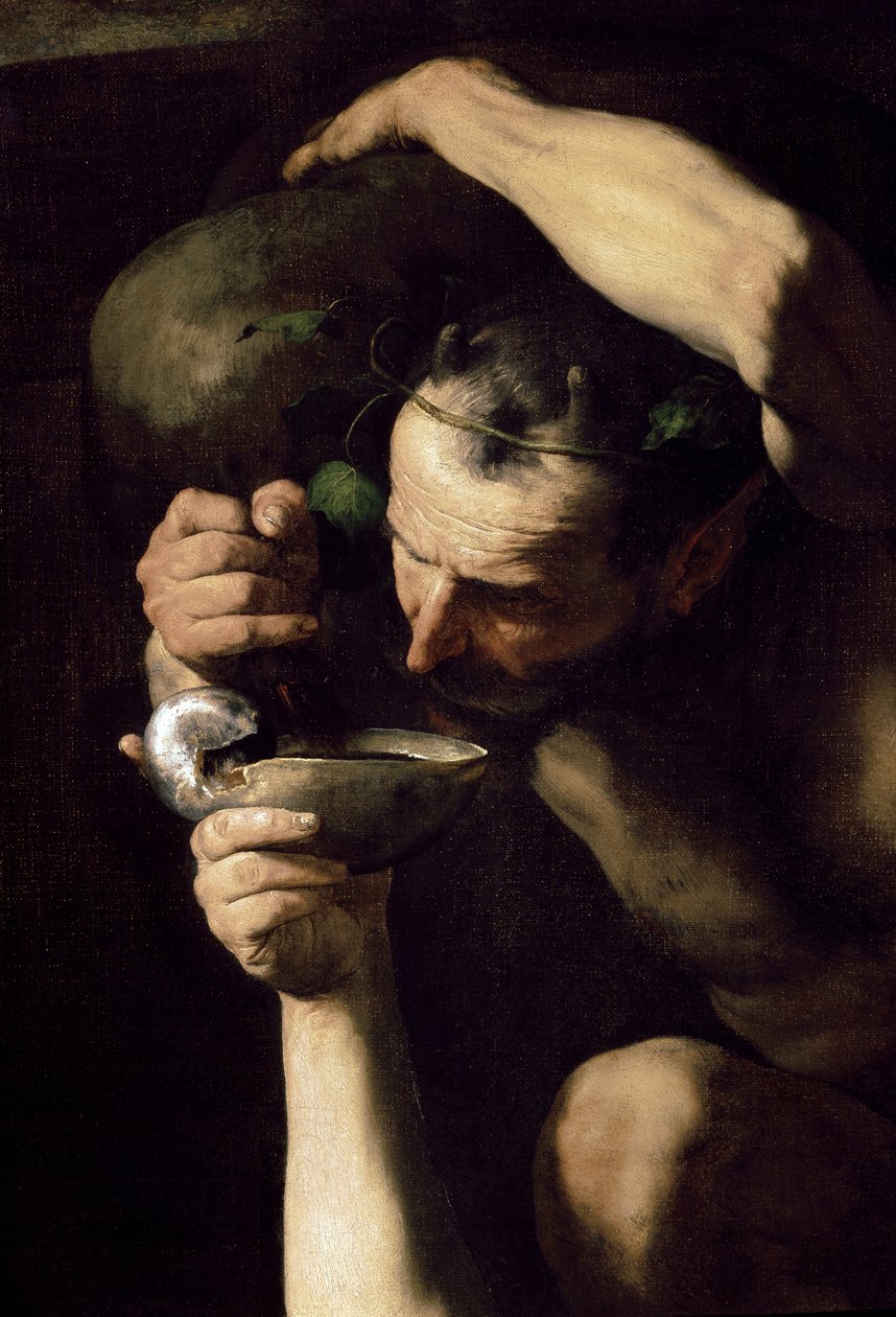 سكران Silenus - سيلين في حالة سكر (تفصيل). رسم خوسيه (جوسيبي) ريبيرا ، ديت لو سبانيوليتو (1591-1652) بواسطة جوسيبي دي ريبيرا