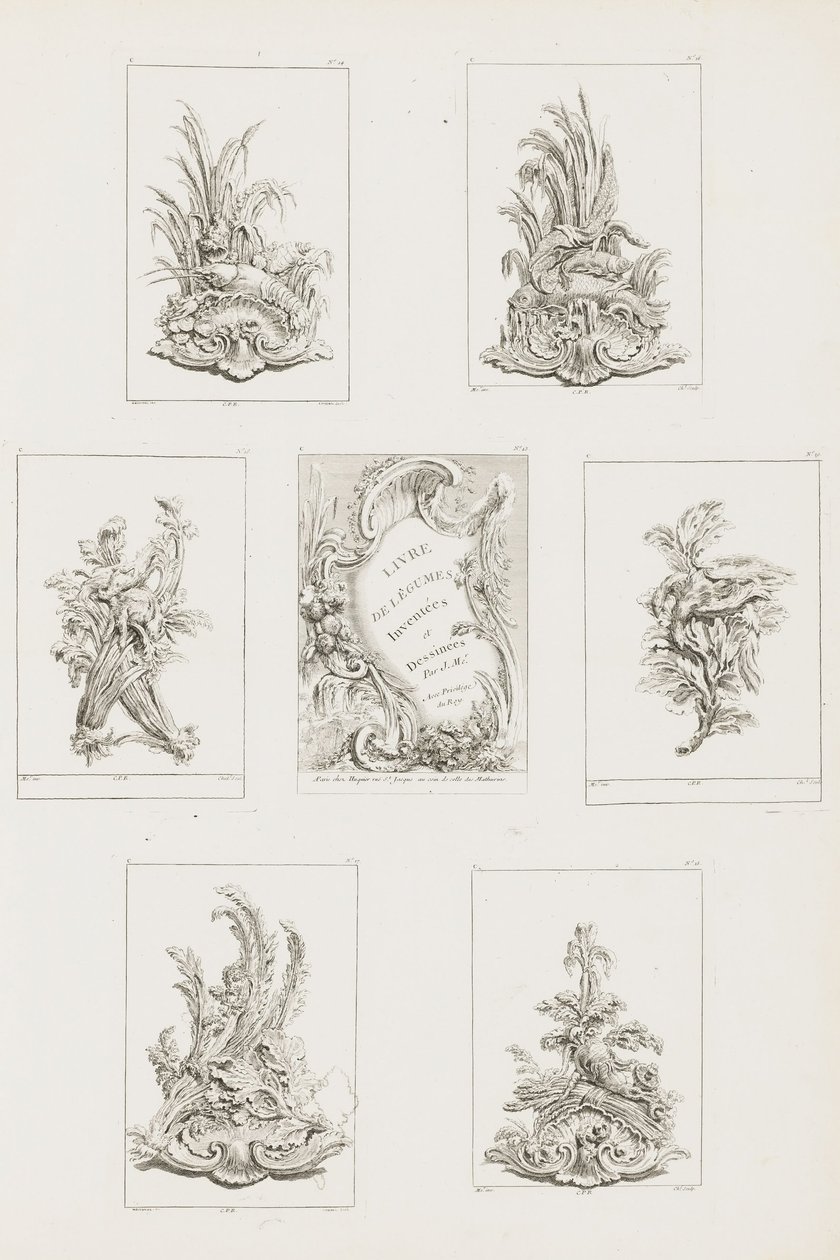تصميم الزخرفة مع Crayfish Motif ، pl. 14 في Livre des Légumes (سلسلة من زخرفة الخضروات) pl. أنا... بواسطة جوست أوريل ميسونير