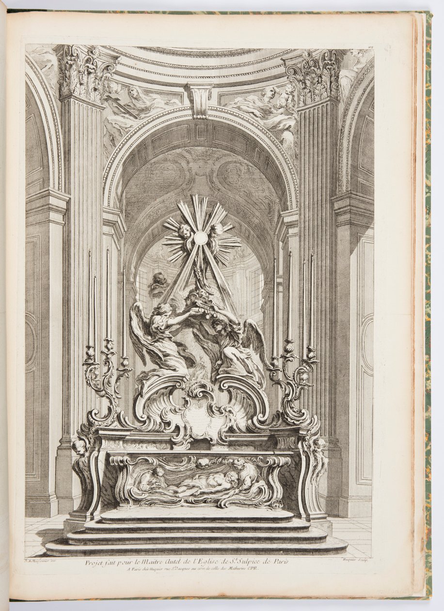 تصميم للمذبح الرئيسي لكنيسة St. Sulpice of Paris ، اللوحة 109 ، في Oeuvres de Juste-Aurèle Meissonnier (أعمال Juste-Aurèle Meissonnier) بواسطة جوست أوريل ميسونير