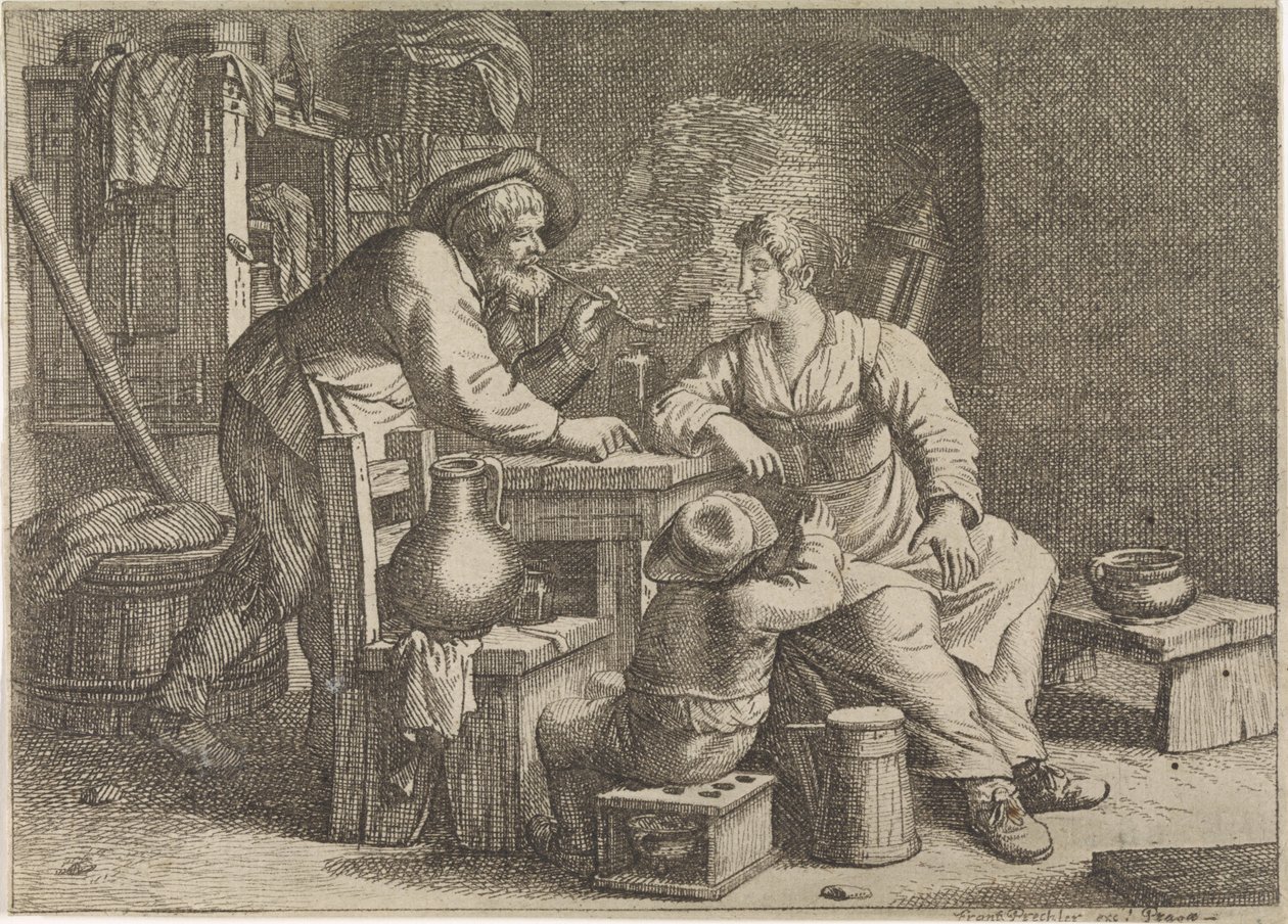 داخلي مع مزارع مدخن وامرأة وصبي بواسطة Justus van den Nijpoort