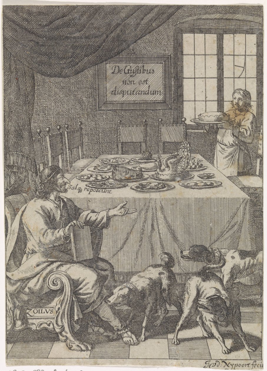 Zoilus يجلس على طاولة موضوعة De Gustibus non est disputandum (العنوان على الكائن) بواسطة Justus van den Nijpoort