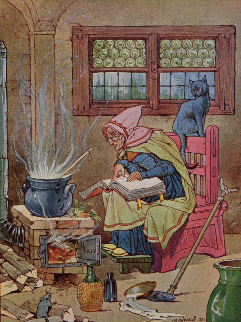 ساحرة ، رسم توضيحي من كتاب حكايات ، حوالي ١٩١٠-٢٠ (نقش ملون) بواسطة K. Savely Dezso
