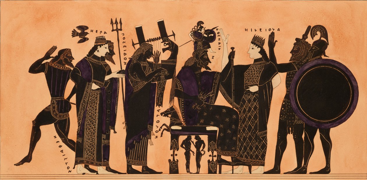 طباعة الزخرفة على أمفورا يونانية ، تظهر هيفايستوس ، هيرا ، بوسيدون ... ، c1844. بواسطة Kaeppelin et Company