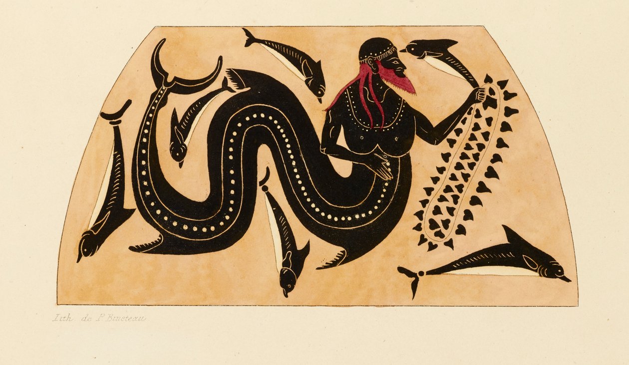 طباعة الزخرفة على أمفورا يونانية ، تظهر بوسيدون برفقة الدلافين ، c1858. بواسطة Kaeppelin et Company