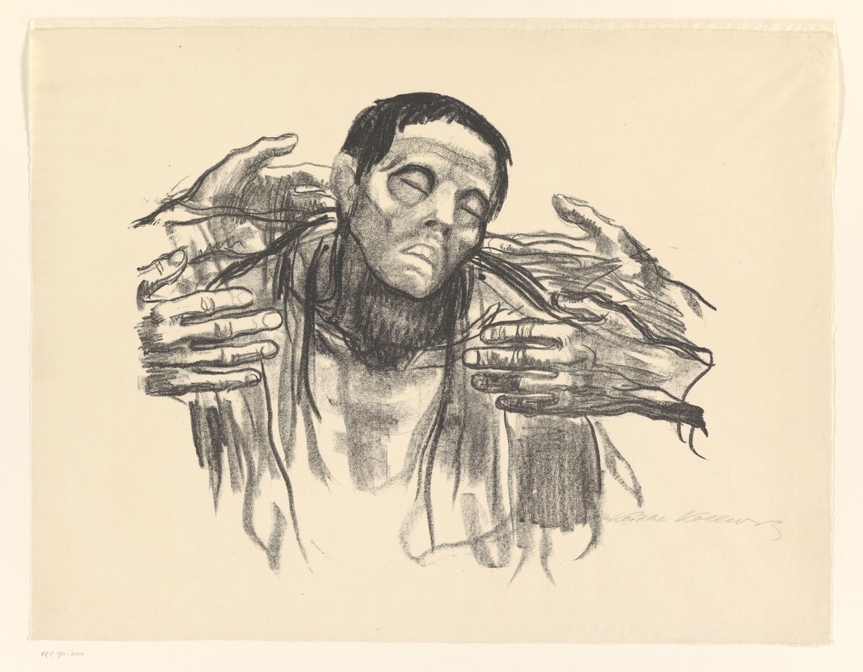 رجل وأربع أيادي نصف روسيا (العنوان الأصلي) بواسطة Käthe Kollwitz (توقيع الفنان)