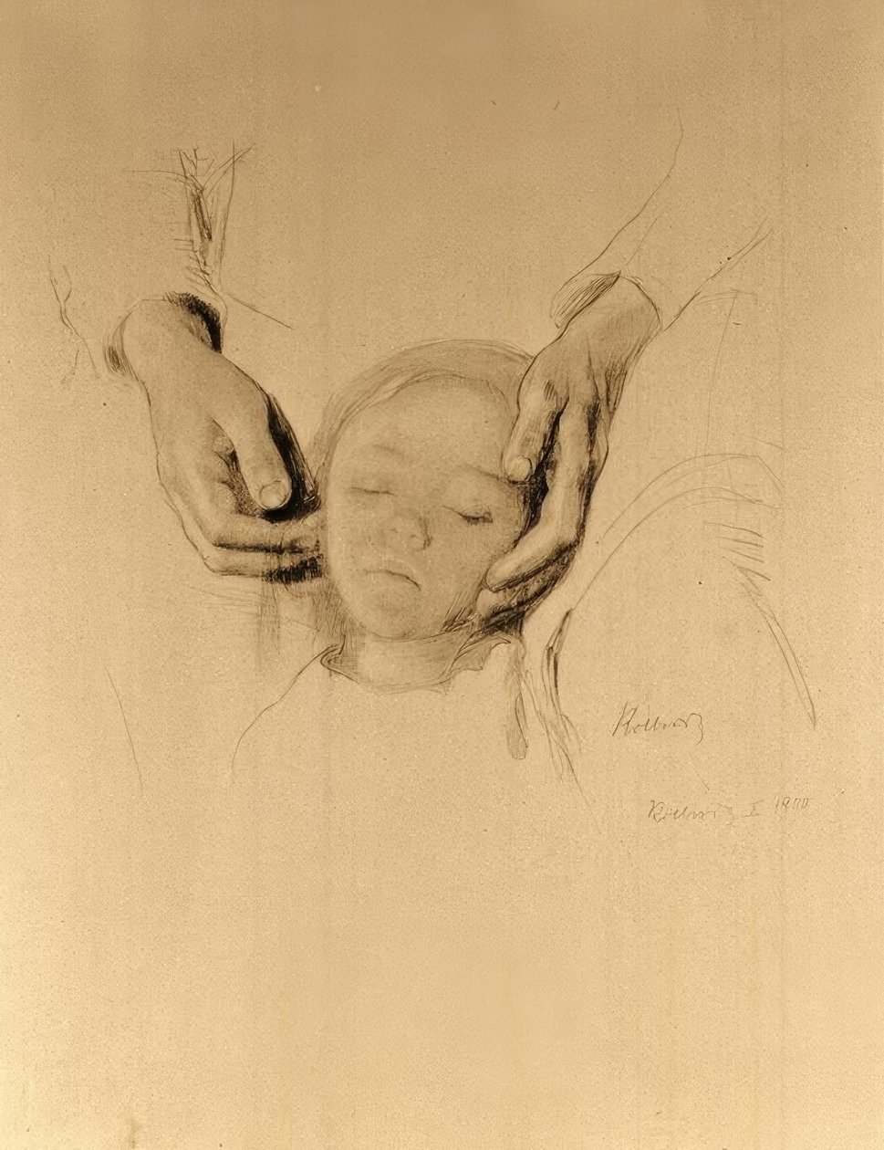 K.Kollwitz ، رأس طفل في اليدين. بواسطة كاتي كولويتز