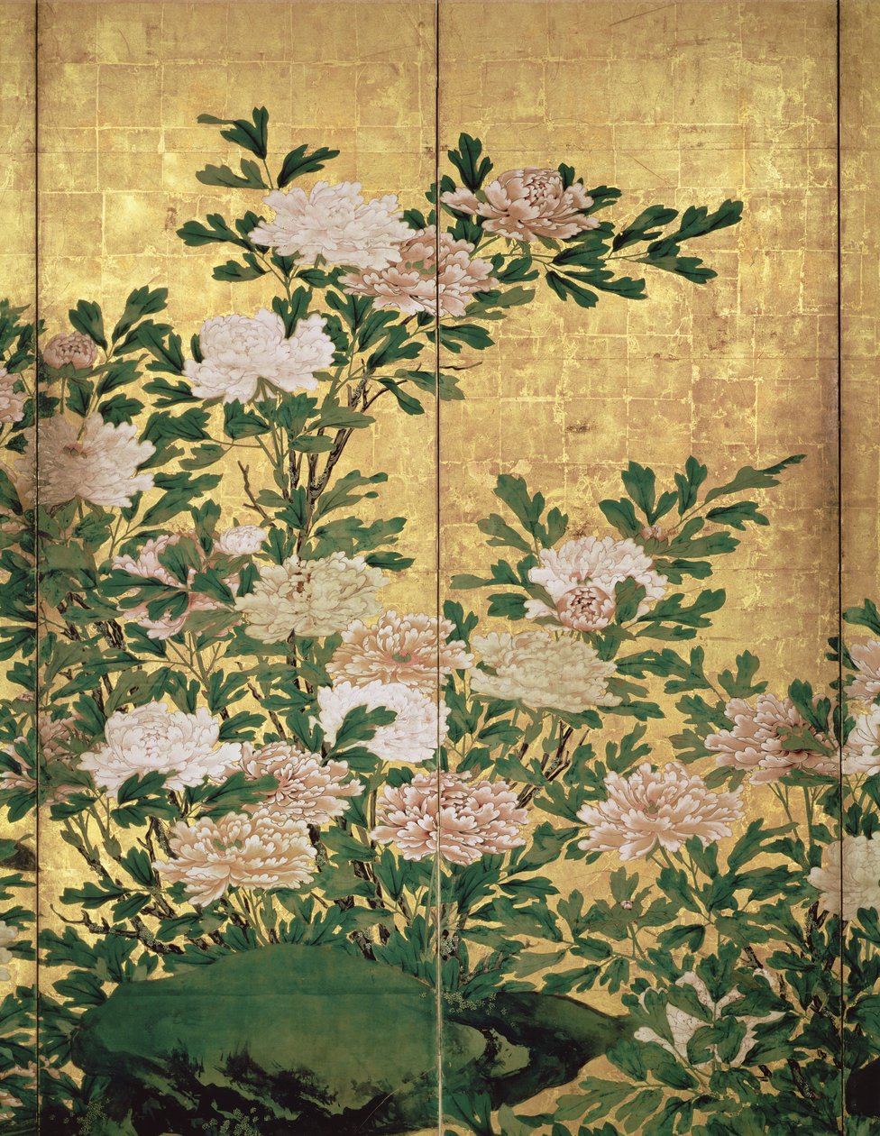 تفاصيل حبر الزهور والألوان والذهب على الورق بواسطة Kaiho Yusho