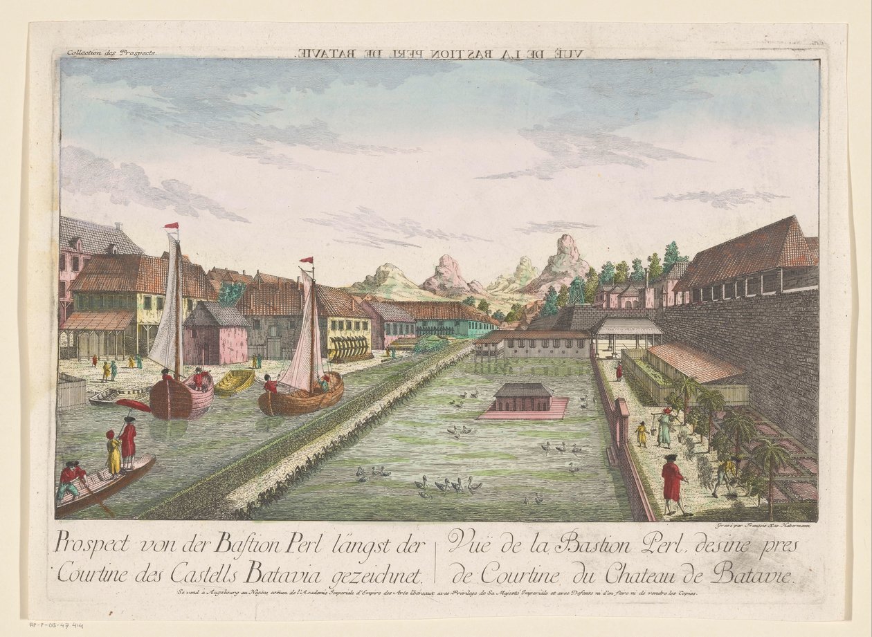 منظر لحصن الزاوية باريل ، وهو جزء من قلعة باتافيا Prospect von der Bastion Perl längst der Courtine des Castells Batavia gezeichnet (العنوان على الكائن) بواسطة الأكاديمية الإمبراطورية الفرنسيسكانية