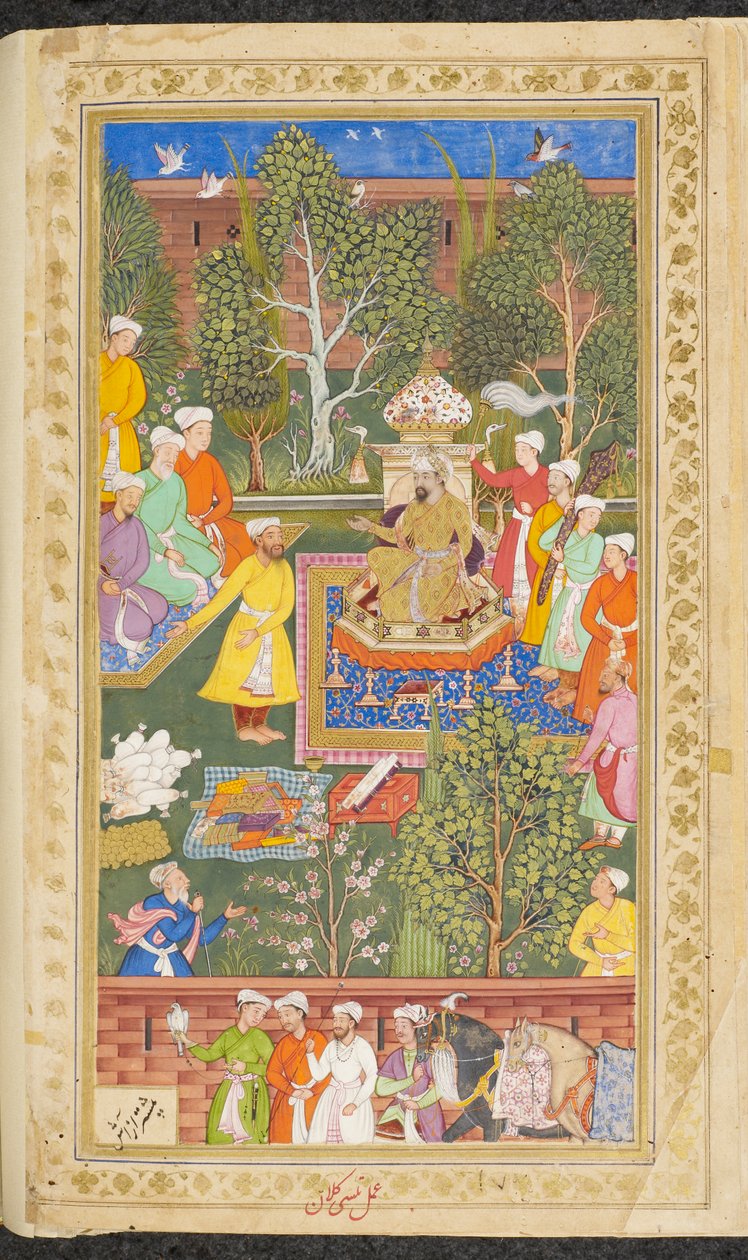 أو. 3714 المجلد 4 ، 491 ص ، وليمة حضرها المبعوثون الأوزبكيون والهندوس وكيزلباش الذين جلبوا الهدايا والمال إلى بابور ، من "فاكيات إي بابوري" ، حوالي 1590 (ألوان مائية غير شفافة على ورق) بواسطة كالان تولسي