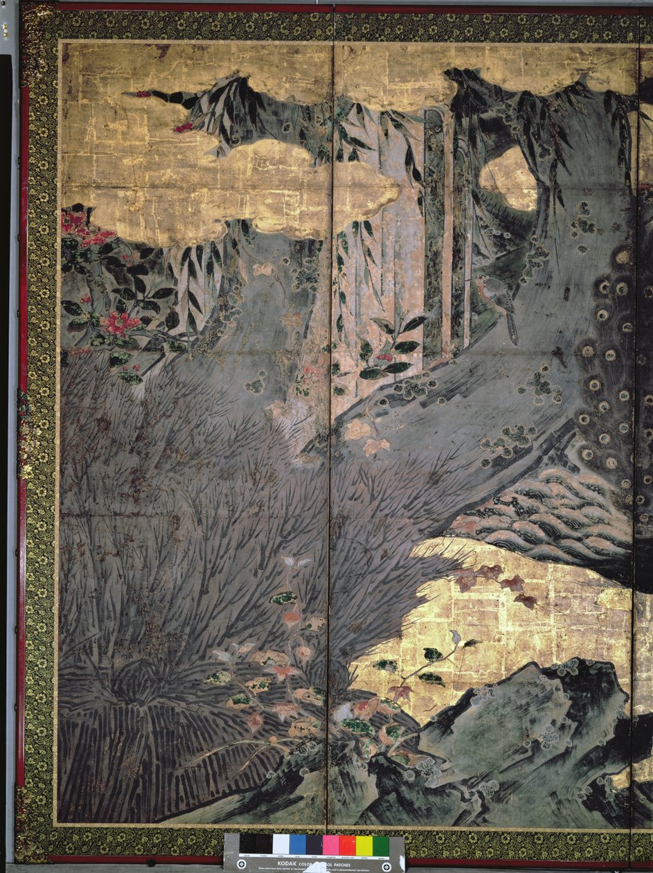 طيور وأزهار الفصول الأربعة (قلم وحبر ، لون ، ورق ذهبي على اللوحة) (انظر 216552 ، 216553) بواسطة كانو سوشو