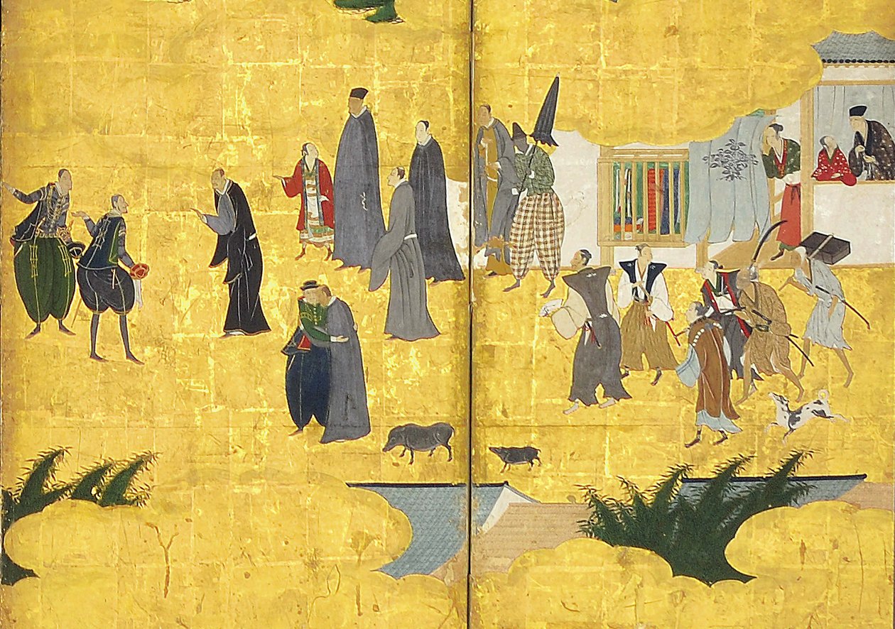 تفاصيل البرابرة الجنوبية يأتون إلى التجارة ، زوج من ست شاشات ، أوائل القرن السابع عشر بواسطة كانو نايزن